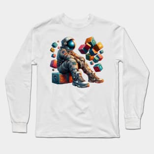 Cosmic Astronaut with Floating Cubes Art Long Sleeve T-Shirt